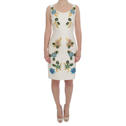 Dolce & Gabbana White Brocade Crystal Sheath Dress