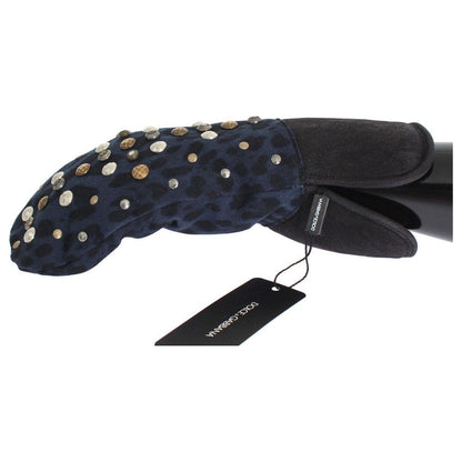 Dolce & Gabbana Gray Wool Shearling Studded Blue Leopard Gloves