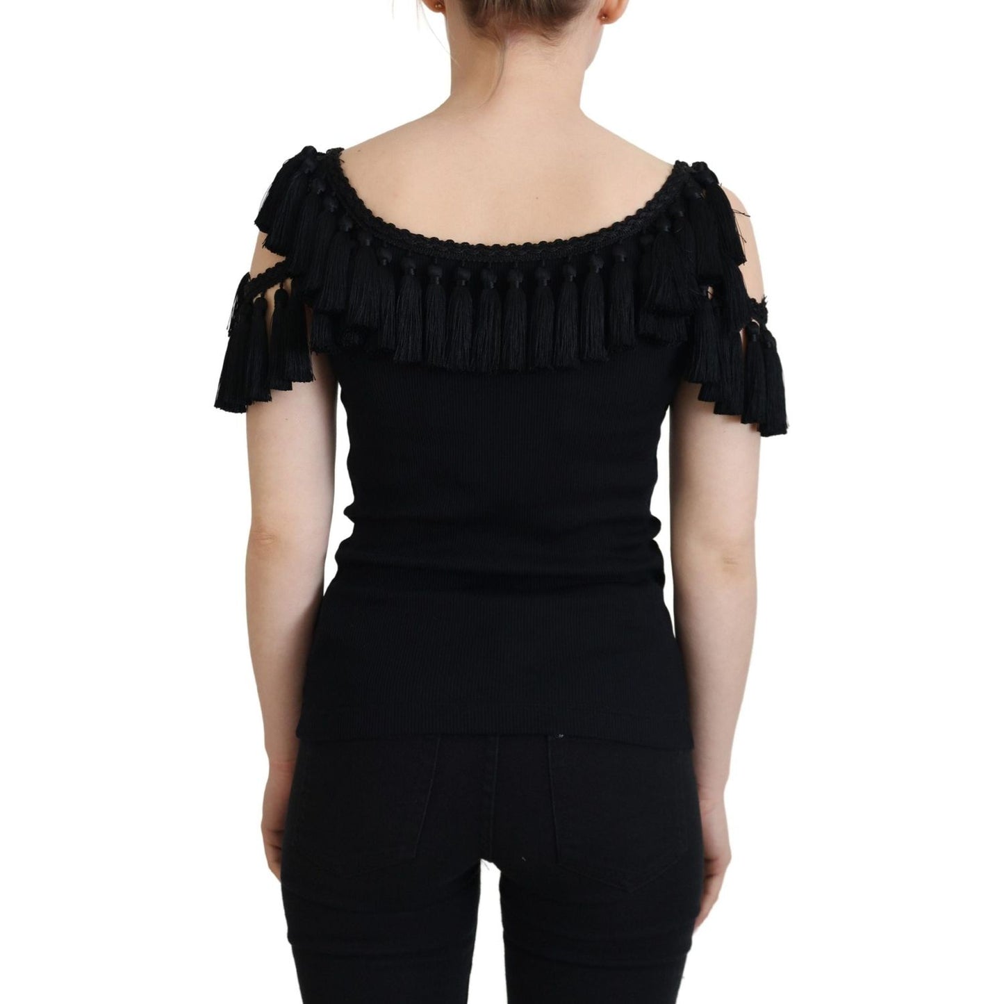 Dolce & Gabbana Black Tank Top Blouse Tassle Cotton Blouse