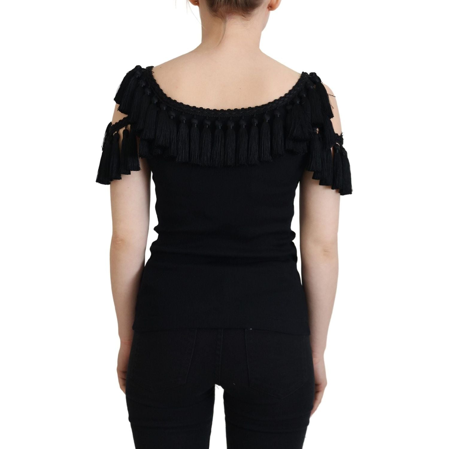 Dolce & Gabbana Black Tank Top Blouse Tassle Cotton Blouse
