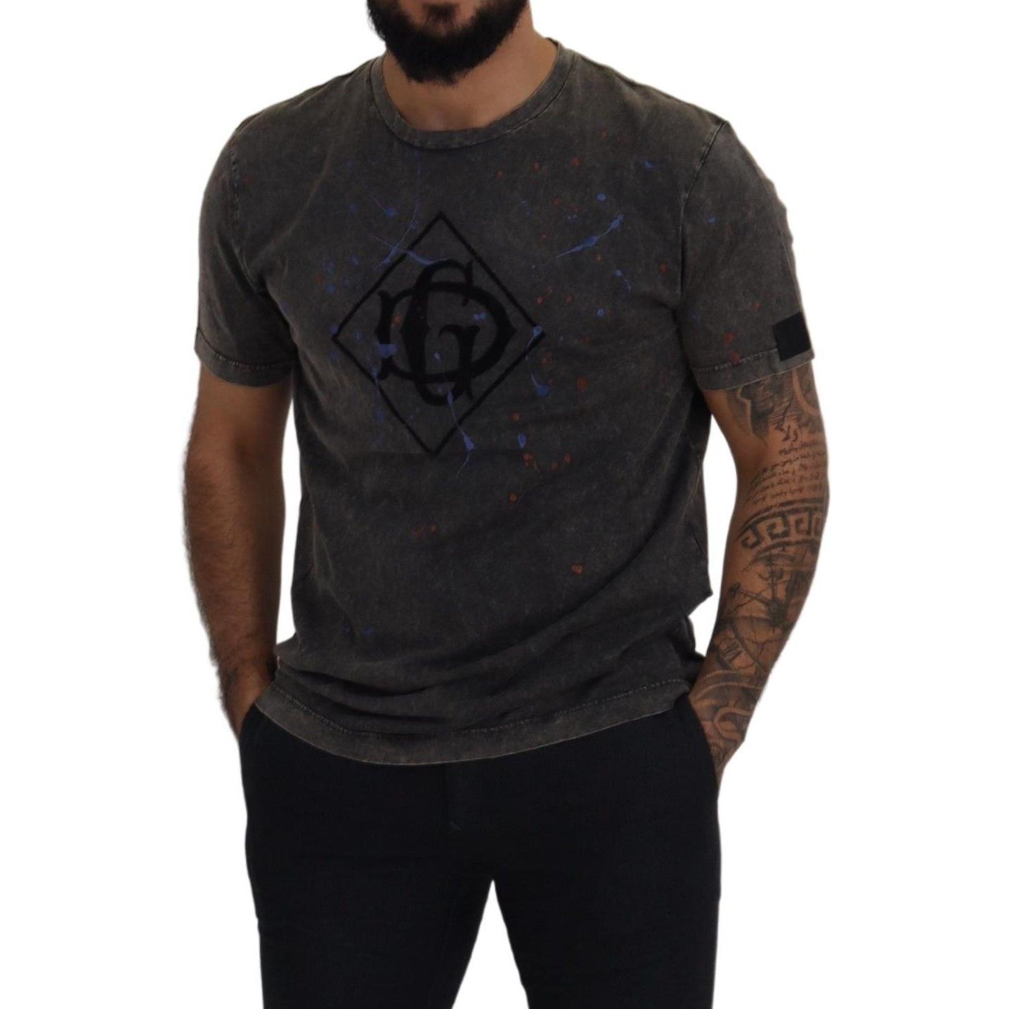 Dolce & Gabbana Elevated Grey Cotton Tee with Discolored DG Logo Dolce & Gabbana