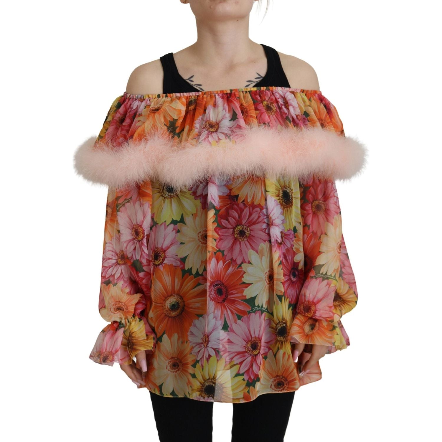 Dolce & Gabbana Multicolor Floral Fur Shearling Blouse Top
