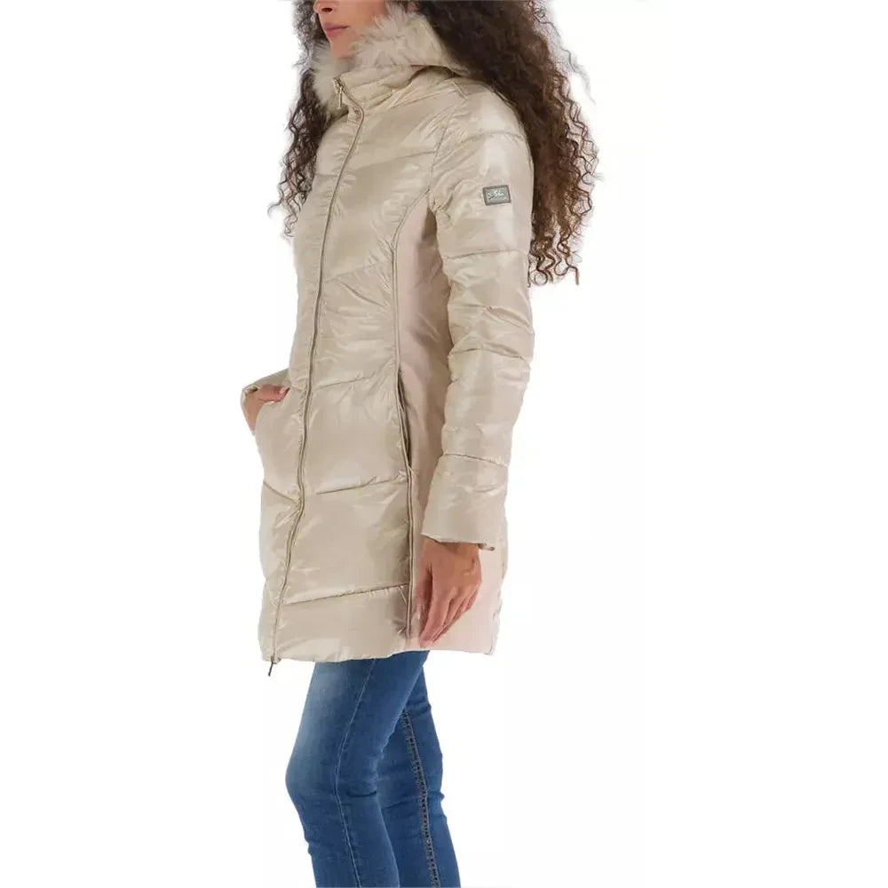 Yes Zee Elegant Beige Padded Jacket with Fur Hood Yes Zee