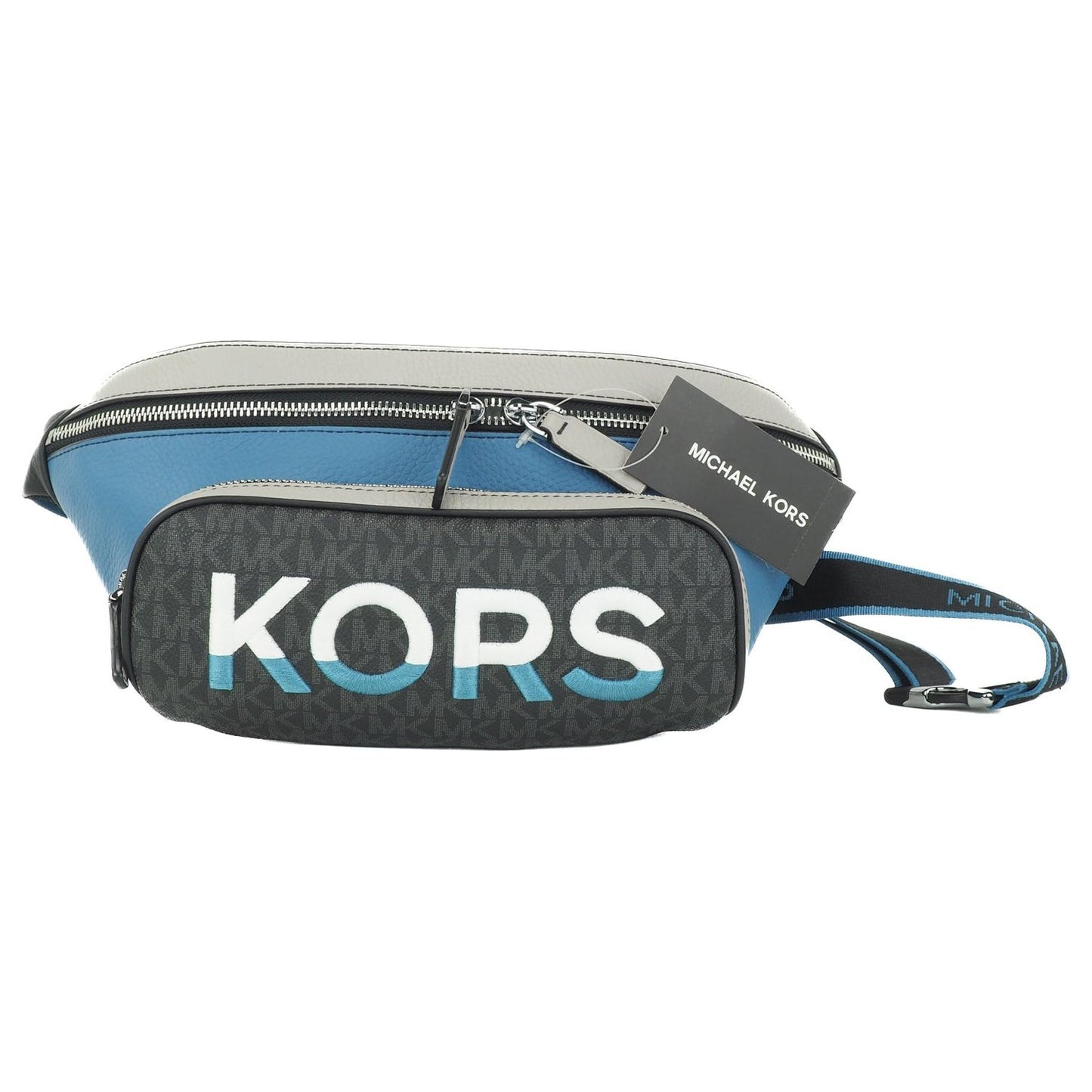 Michael Kors Cooper Large Blue Multi Leather Embroidered Logo Utility Belt Bag Michael Kors