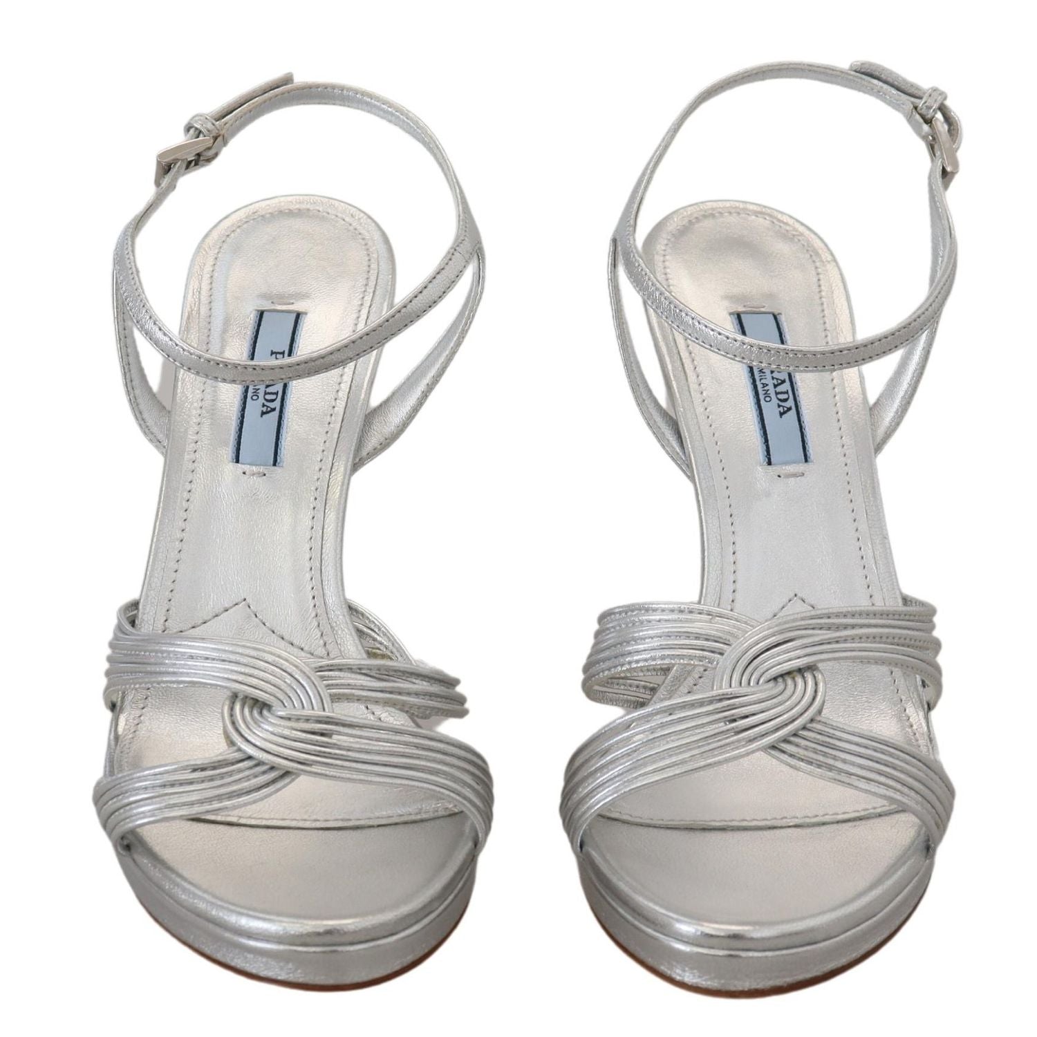 Prada Silver Leather Sandals Ankle Strap Heels Stiletto