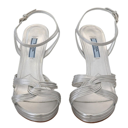 Prada Silver Leather Sandals Ankle Strap Heels Stiletto