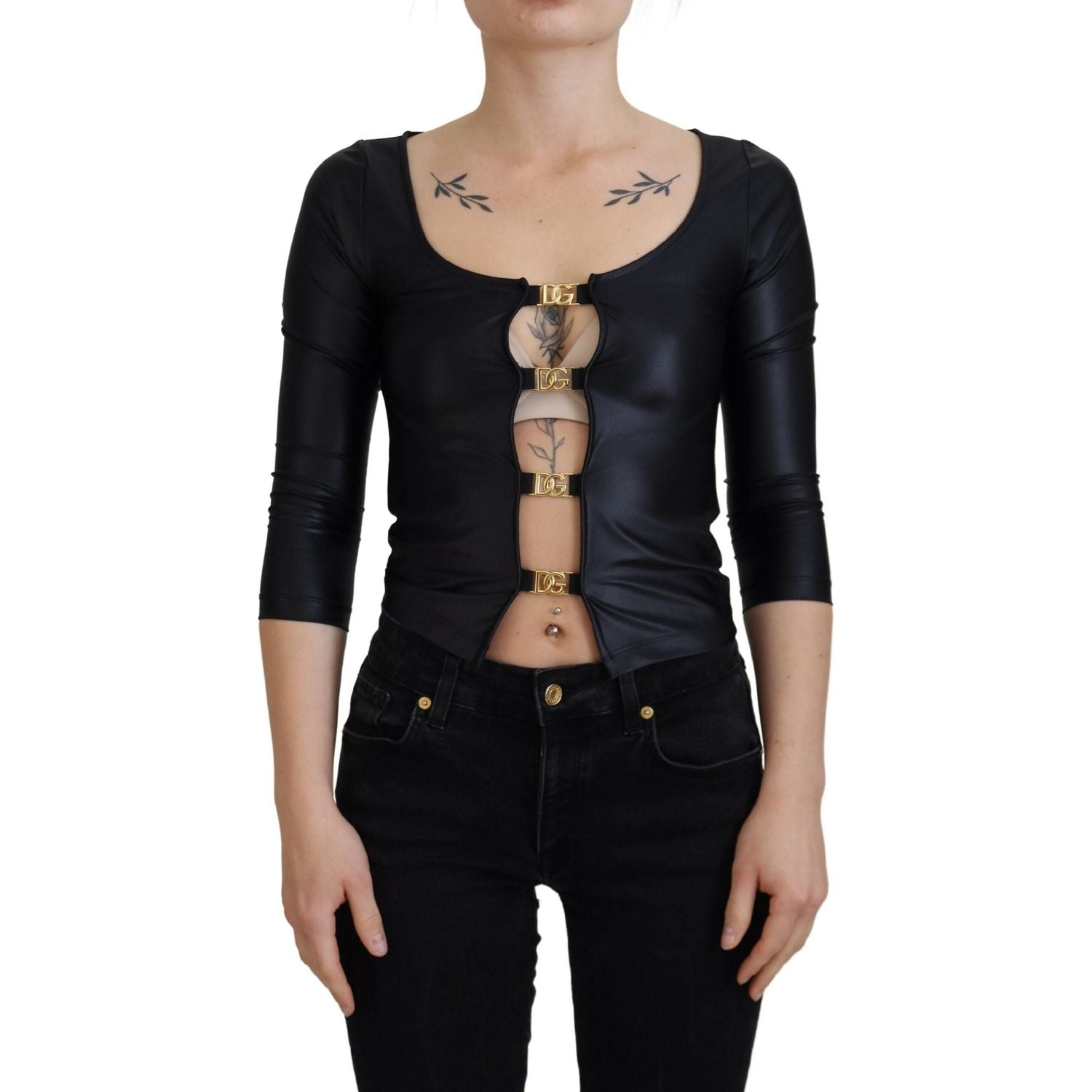 Dolce & Gabbana Black Cotton Stretch Open Chest 3/4 Sleeve Top
