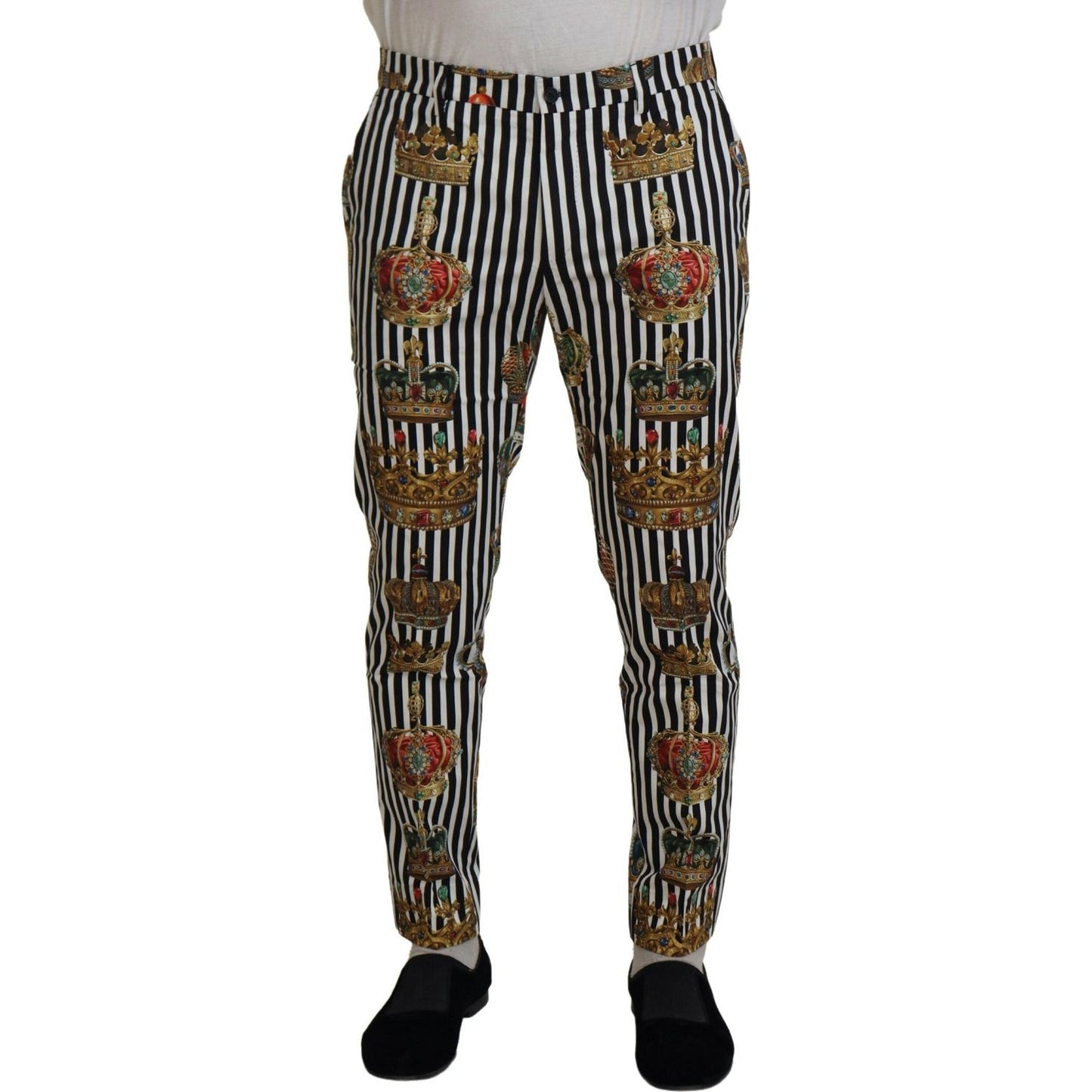 Dolce & Gabbana Elegant Gold Crown Stripe Chino Pants Dolce & Gabbana