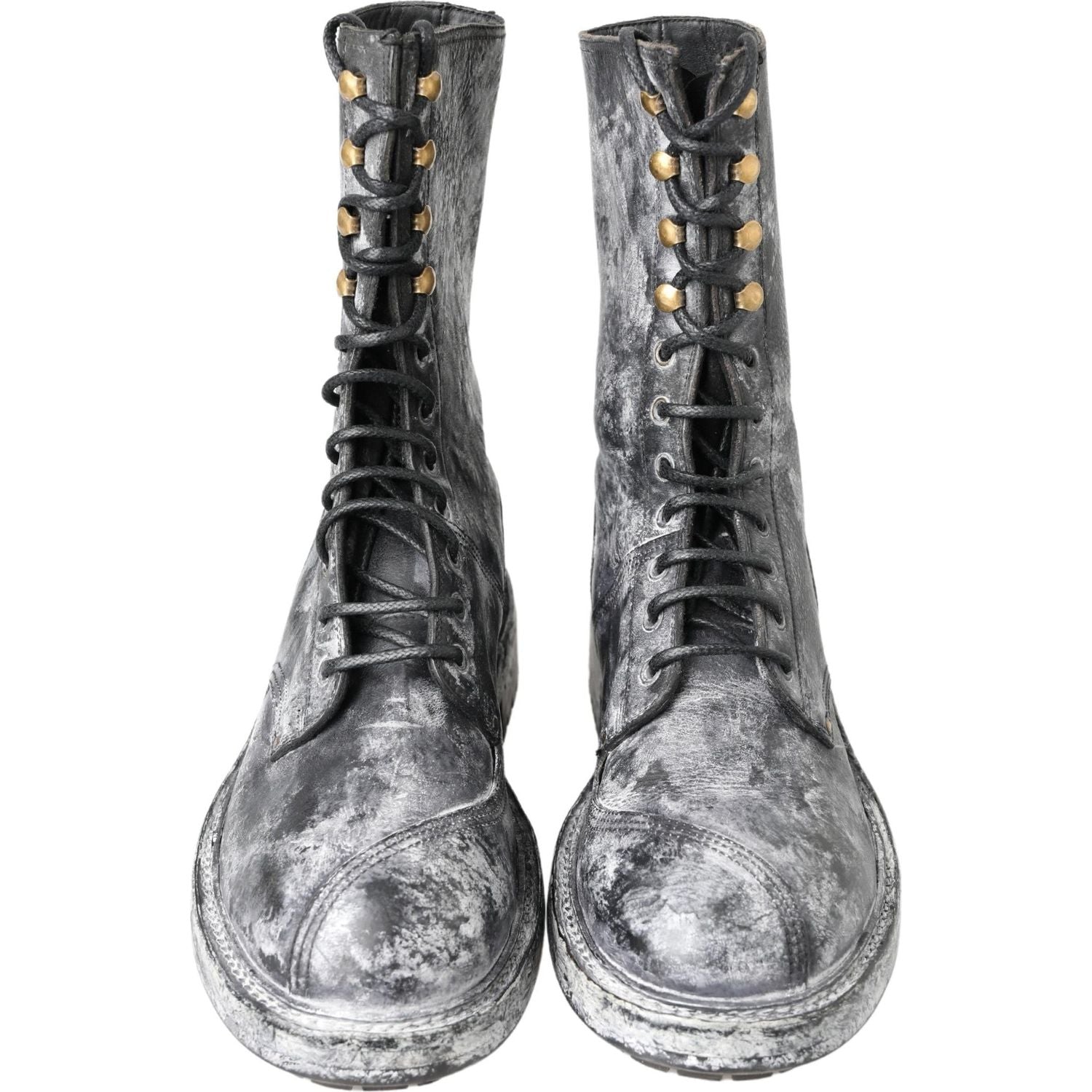 Dolce & Gabbana Black Gray Leather Mid Calf Boots Shoes