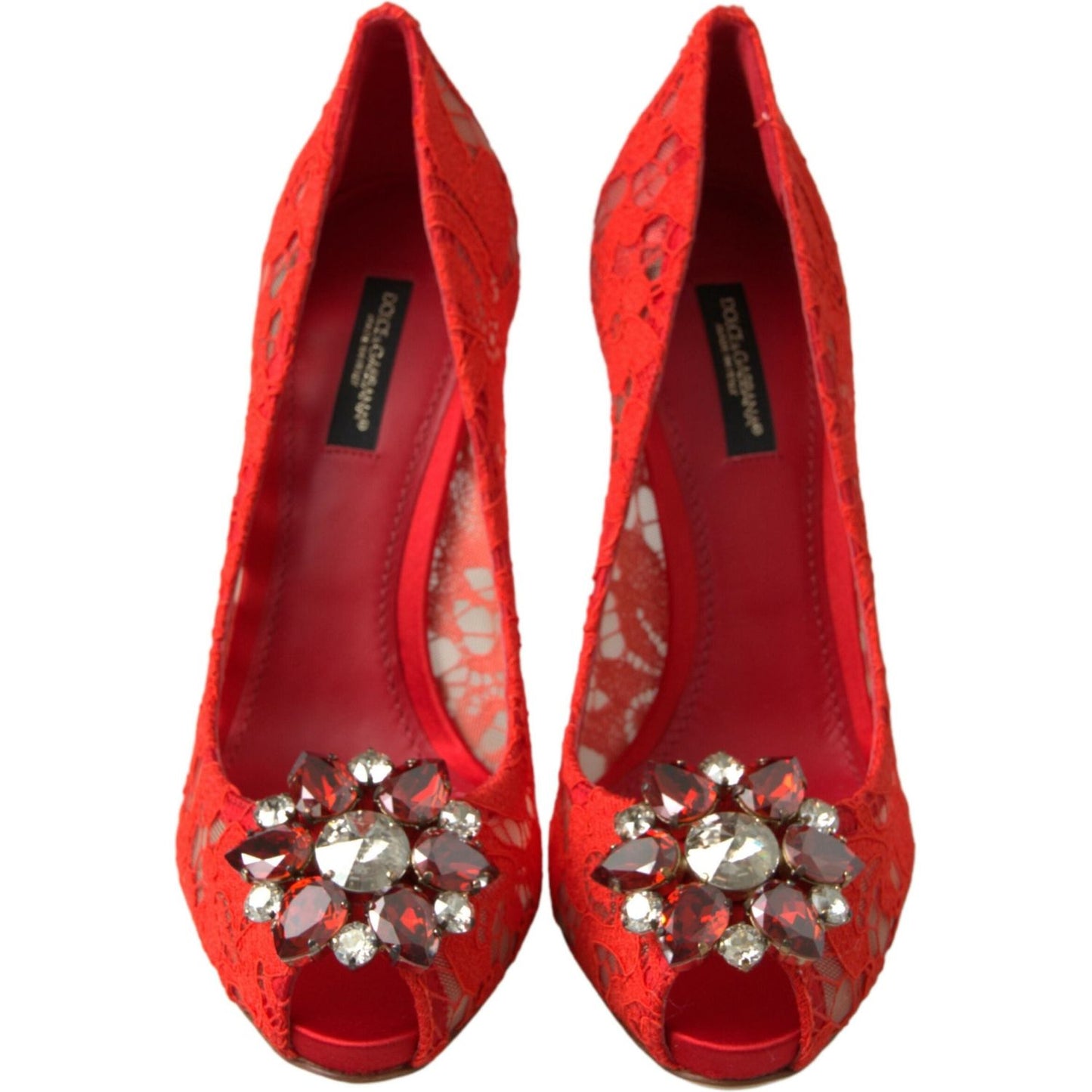 Dolce & Gabbana Chic Red Lace Heels with Crystal Embellishment Dolce & Gabbana