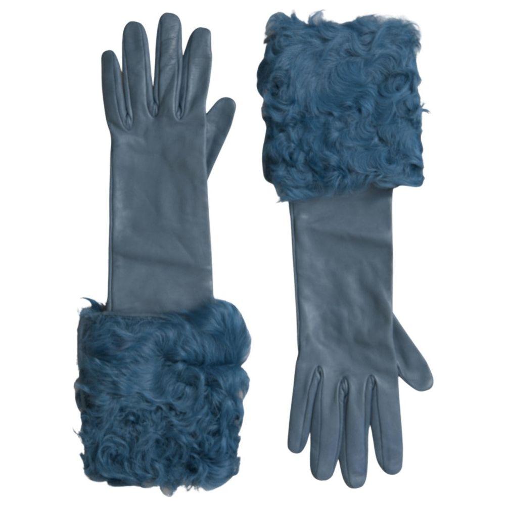 Dolce & Gabbana Elegant Blue Leather Gloves with Fur Trim Dolce & Gabbana