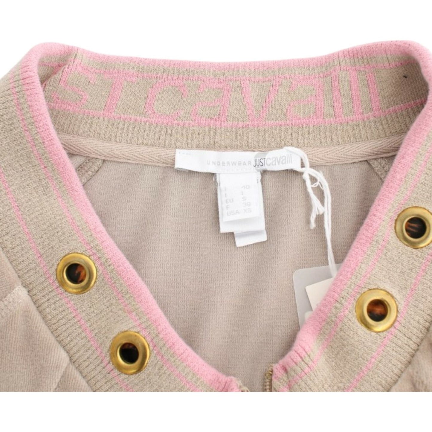 Cavalli Beige Zip Cardigan with Gold Tone Accents Cavalli