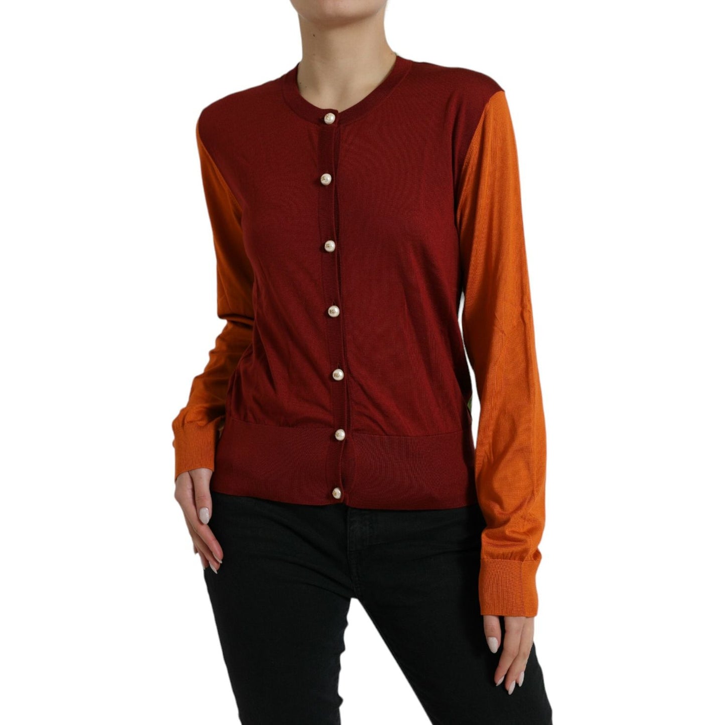 Dolce & Gabbana Silk Button Front Cardigan in Maroon Mix Dolce & Gabbana