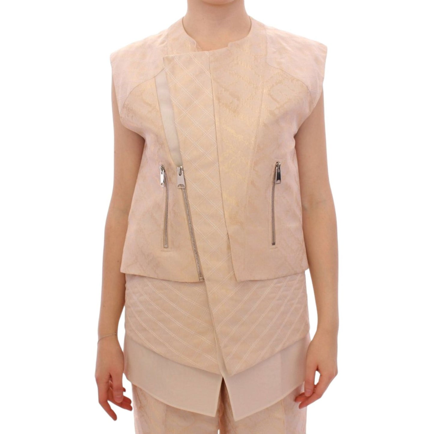 Zeyneptosun Exquisite Beige Brocade Sleeveless Jacket Vest Coats & Jackets Zeyneptosun