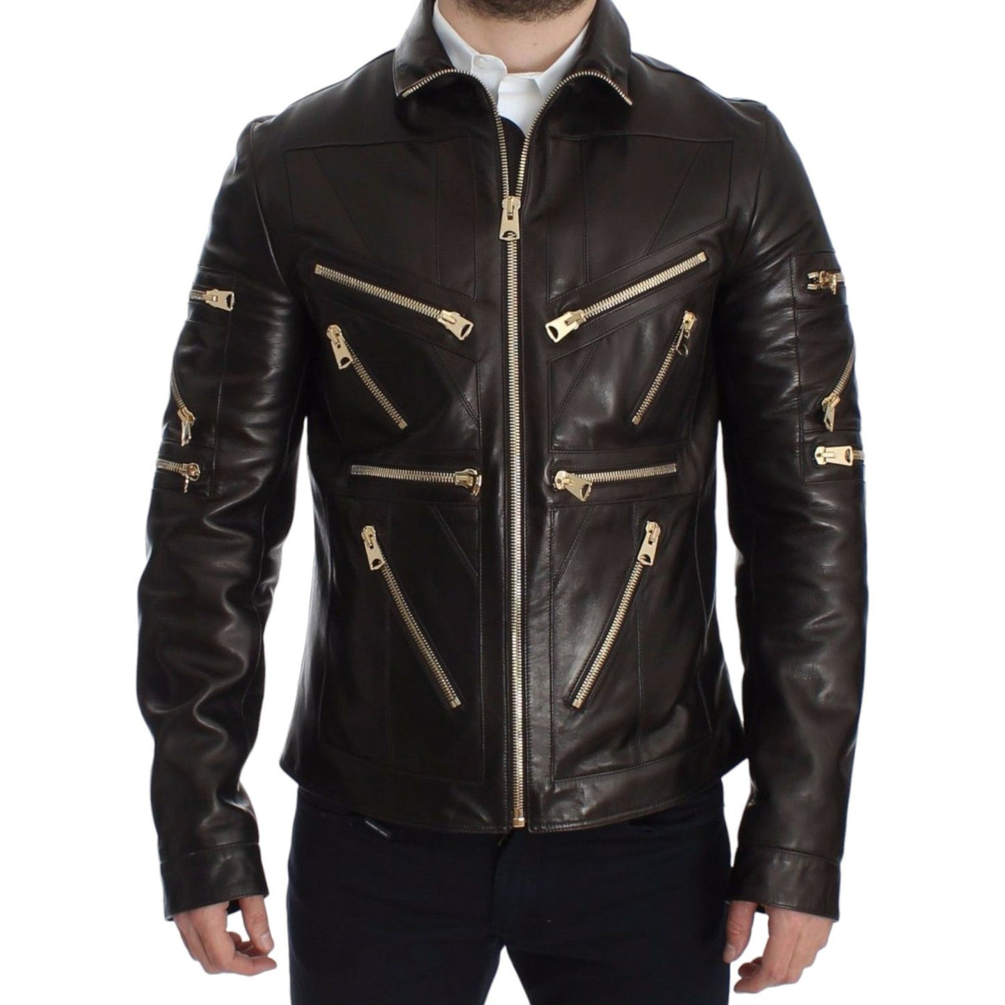 Dolce & Gabbana Elegant Brown Gold-Detailed Leather Jacket Dolce & Gabbana