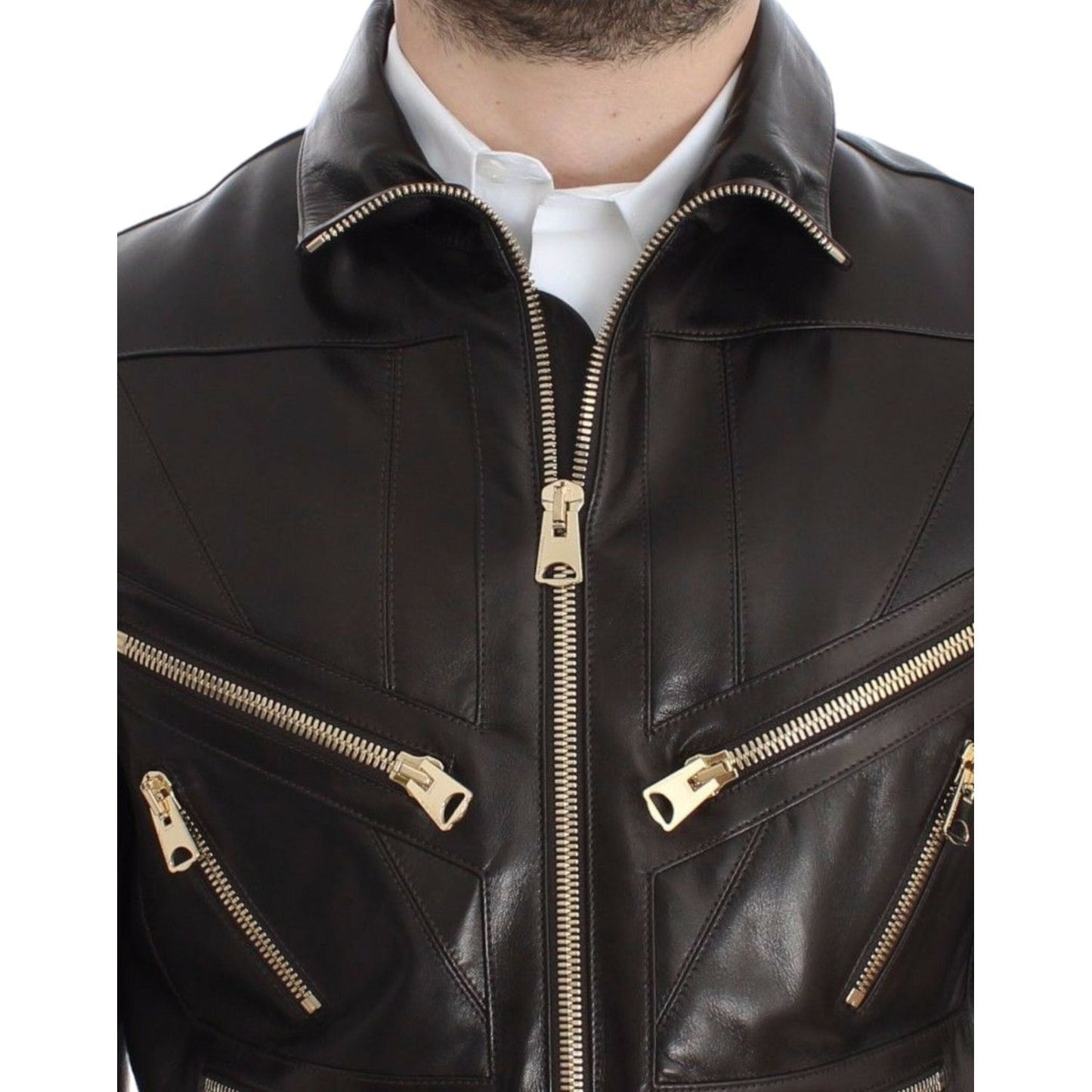 Dolce & Gabbana Elegant Brown Gold-Detailed Leather Jacket Dolce & Gabbana