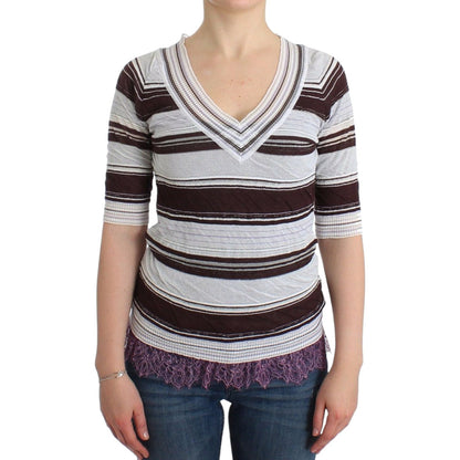 Ermanno Scervino Striped Lace V-Neck Short Sleeve Top Sweater