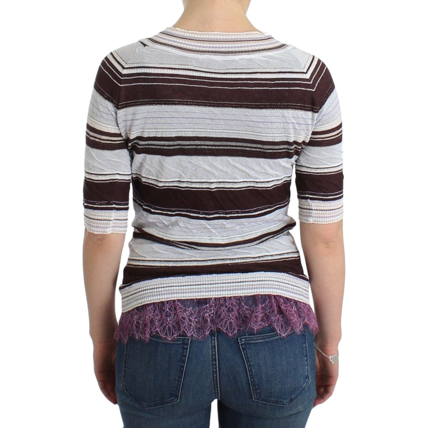 Ermanno Scervino Striped V-Neck Knit Top with Lace Hem Ermanno Scervino