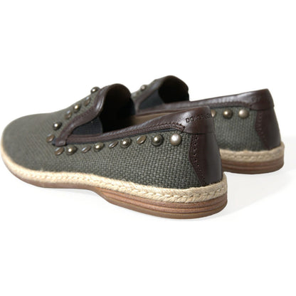 Dolce & Gabbana Gray Linen Leather Studded Loafers Shoes