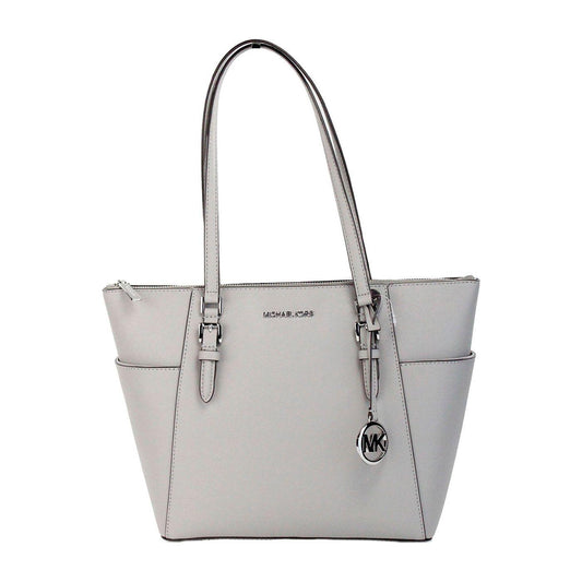 Michael Kors Charlotte Pearl Grey Large Leather Top Zip Tote Bag Purse Michael Kors