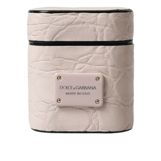Dolce & Gabbana Light Pink Calf Leather Metal Logo Plaque Airpods Case