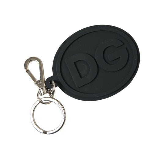 Dolce & Gabbana Black Rubber DG Logo Silver Brass Metal Keyring Keychain