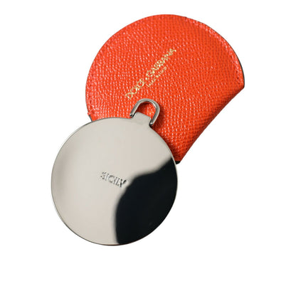 Dolce & Gabbana Orange Calfskin Leather Round Logo Hand Mirror Holder
