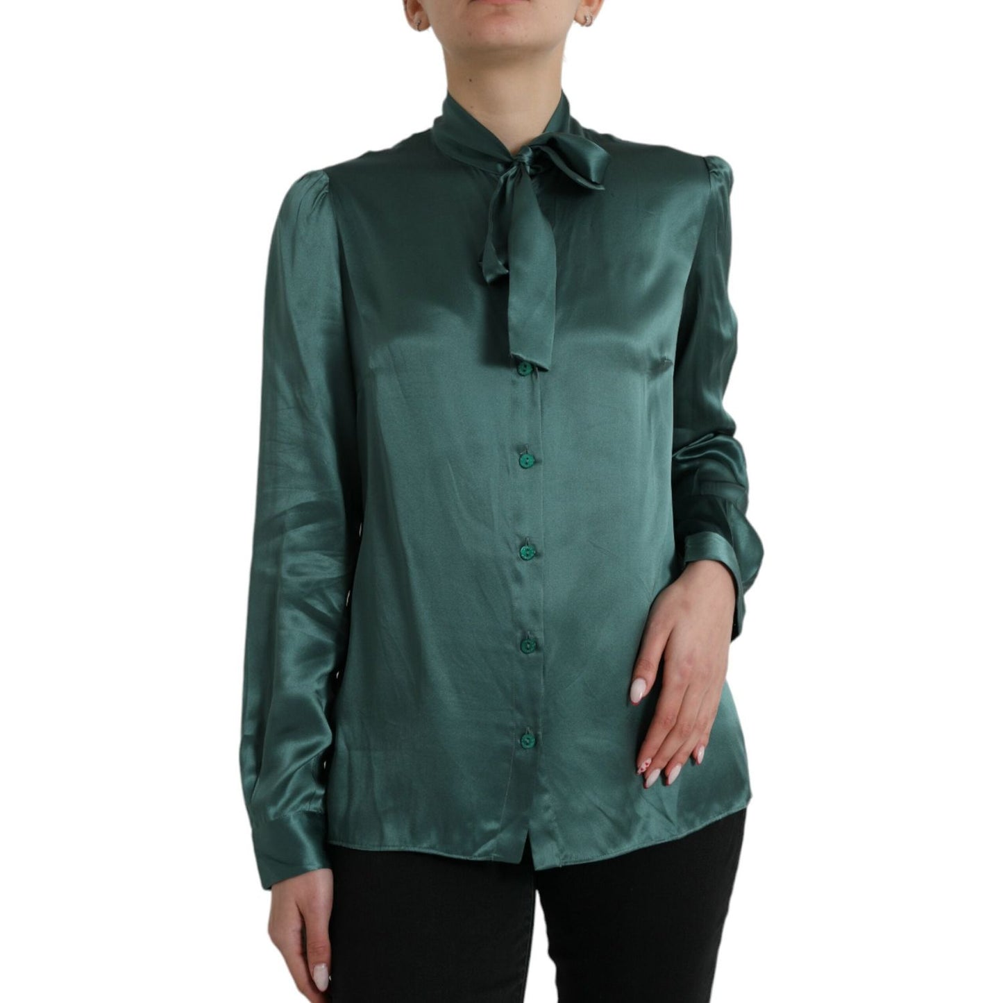 Dolce & Gabbana Dark Green Silk Ascot Collar Blouse Top