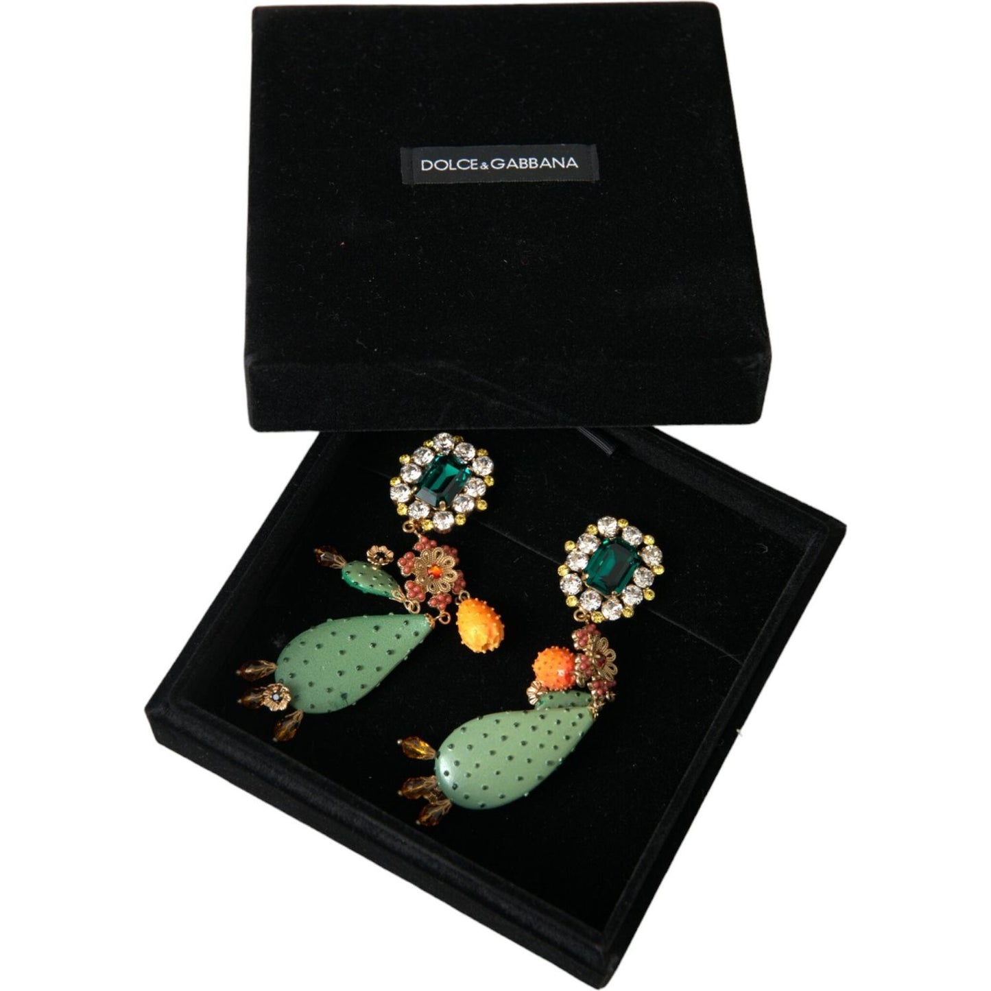 Dolce & Gabbana Green Cactus Crystal Clip On Jewelry Dangling Earrings Dolce & Gabbana