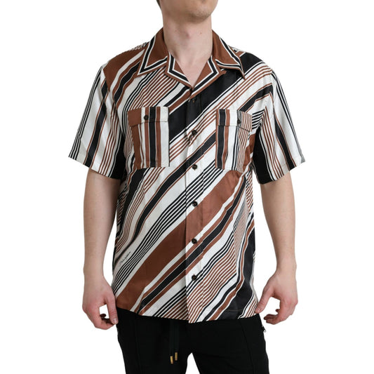 Dolce & Gabbana Brown White Silk Striped Short Sleeve Shirt Dolce & Gabbana