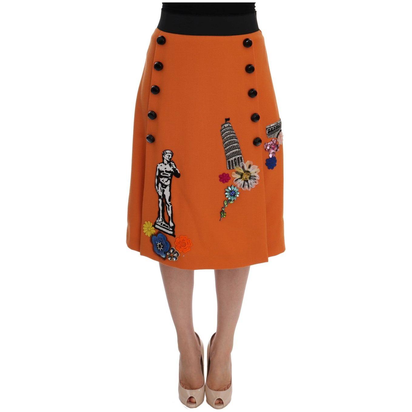 Dolce & Gabbana Orange Wool Crystal Sequin Appliques Skirt