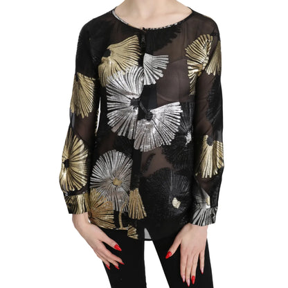 Dsquared² Gold Silver Silk Jacquard See Through Top Blouse