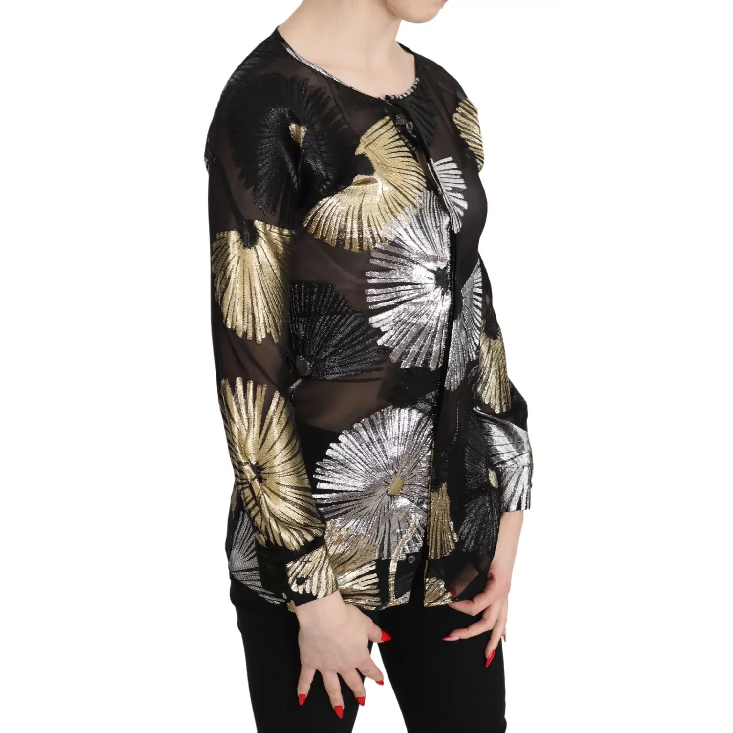 Dsquared² Gold Silver Silk Jacquard See Through Top Blouse