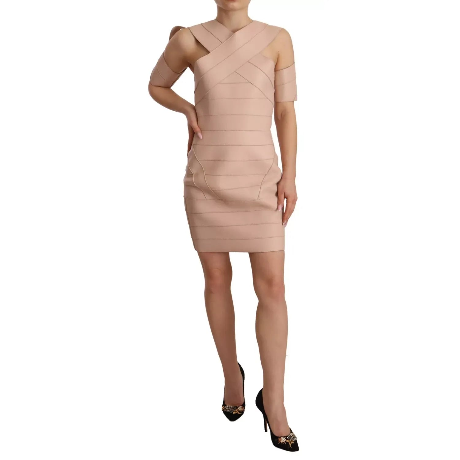Dsquared² Beige Leather Open Shoulder Sheath Mini Dress