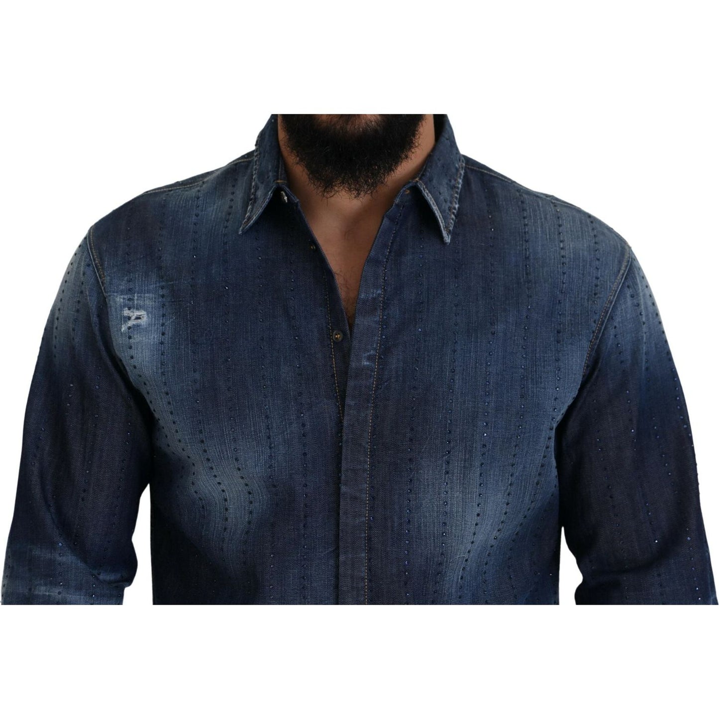 Dsquared² Blue Tattered Crystal Embellished Denim Shirt Dsquared²