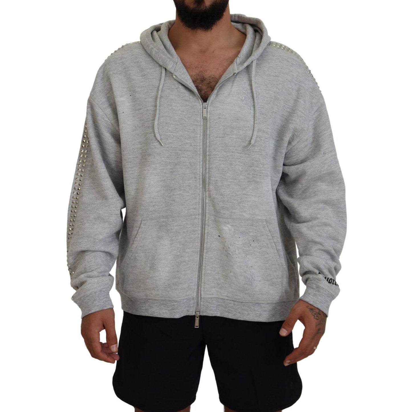 Dsquared² Gray Hooded Printed Crystal Embellishment Sweater