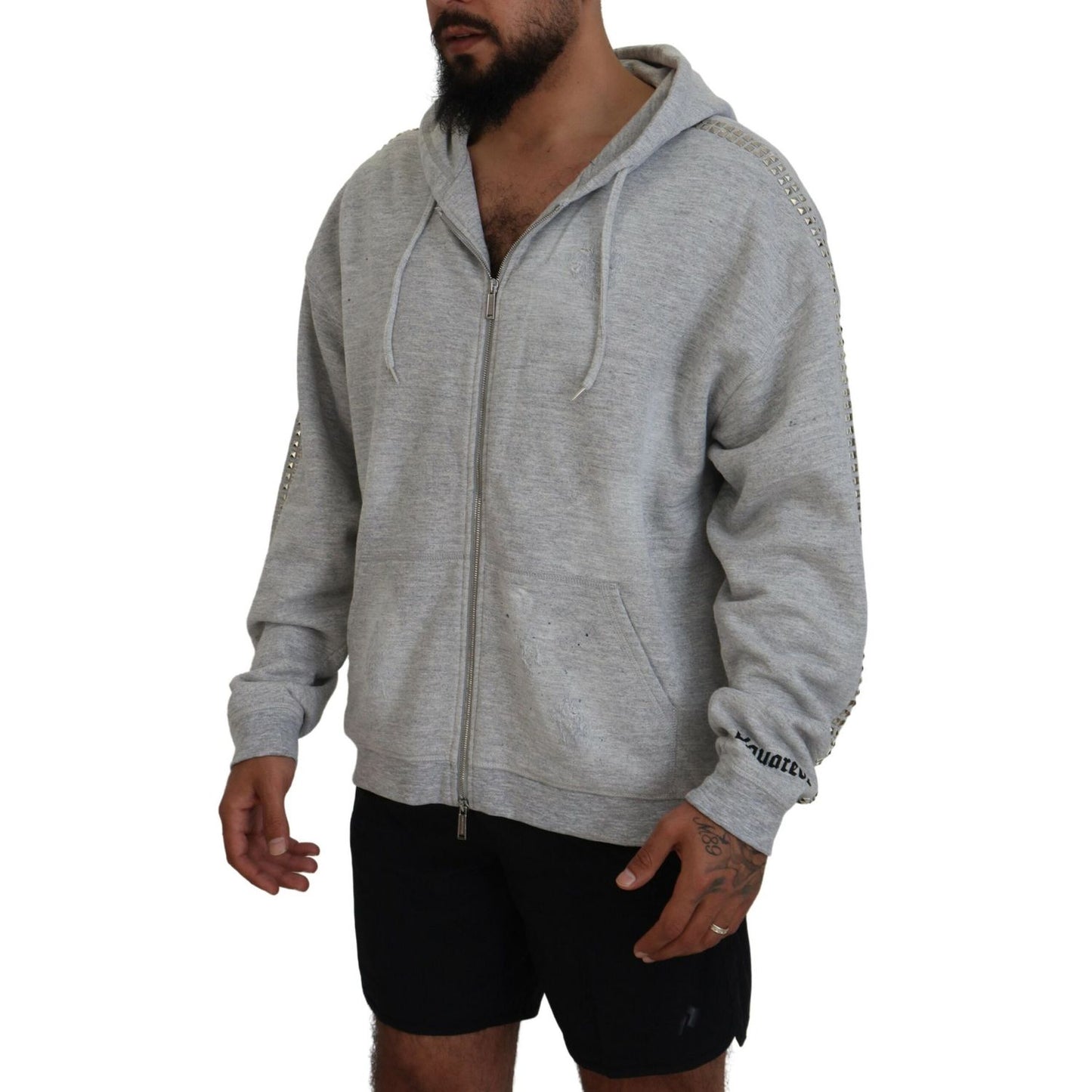 Dsquared² Gray Hooded Printed Crystal Embellishment Sweater