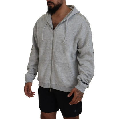 Dsquared² Gray Hooded Printed Crystal Embellishment Sweater