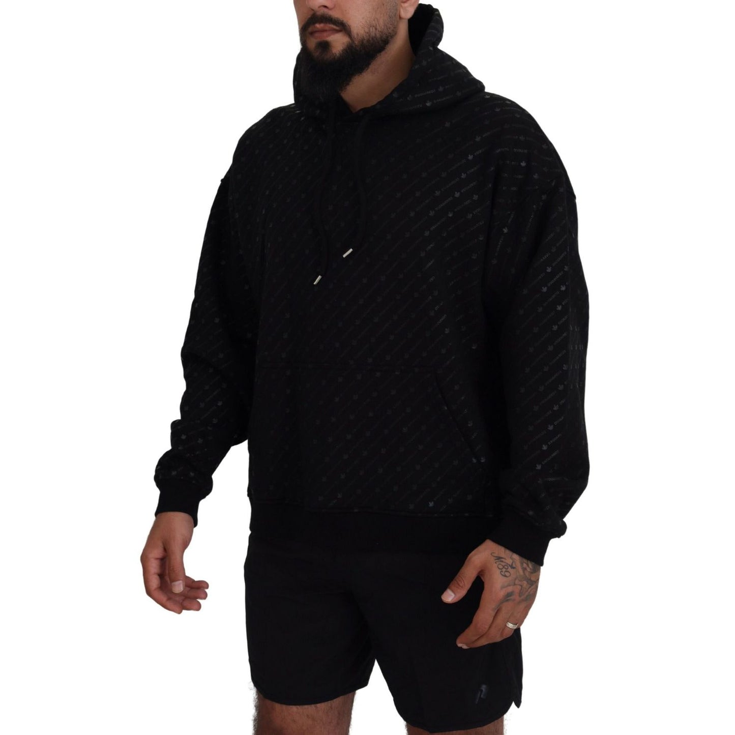 Dsquared² Black Cotton Hooded Printed Men Pullover Sweater