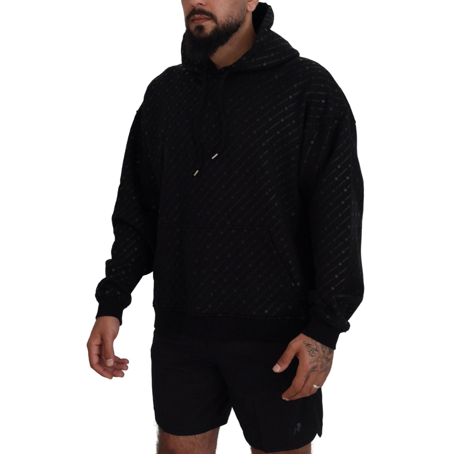 Dsquared² Black Cotton Hooded Printed Men Pullover Sweater