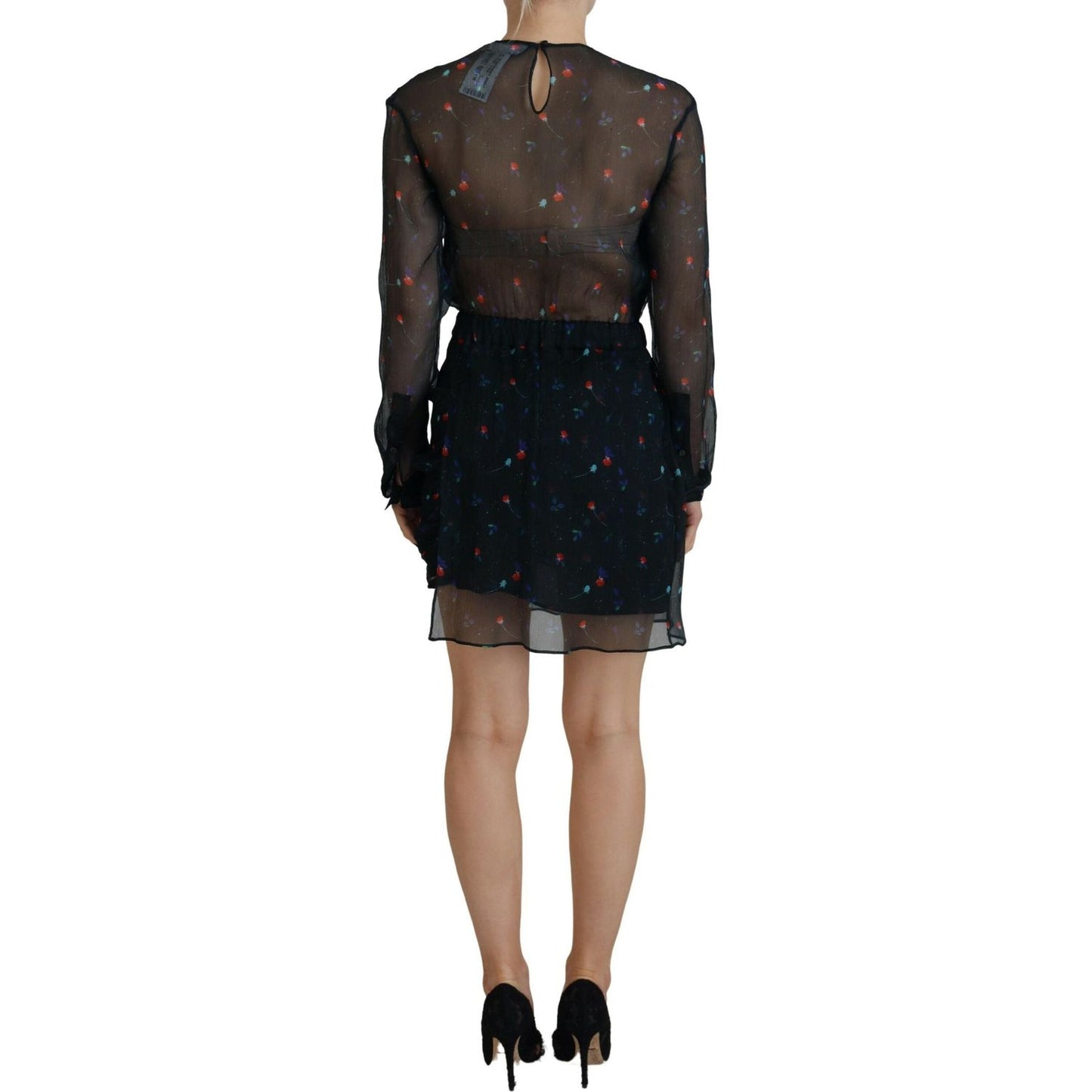 Dsquared² Black Floral Silk Long Sleeves Sheath Mini Dress Dsquared²