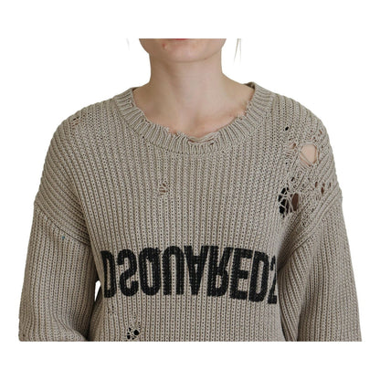 Dsquared² Beige Cotton Knitted Crewneck Pullover Sweater