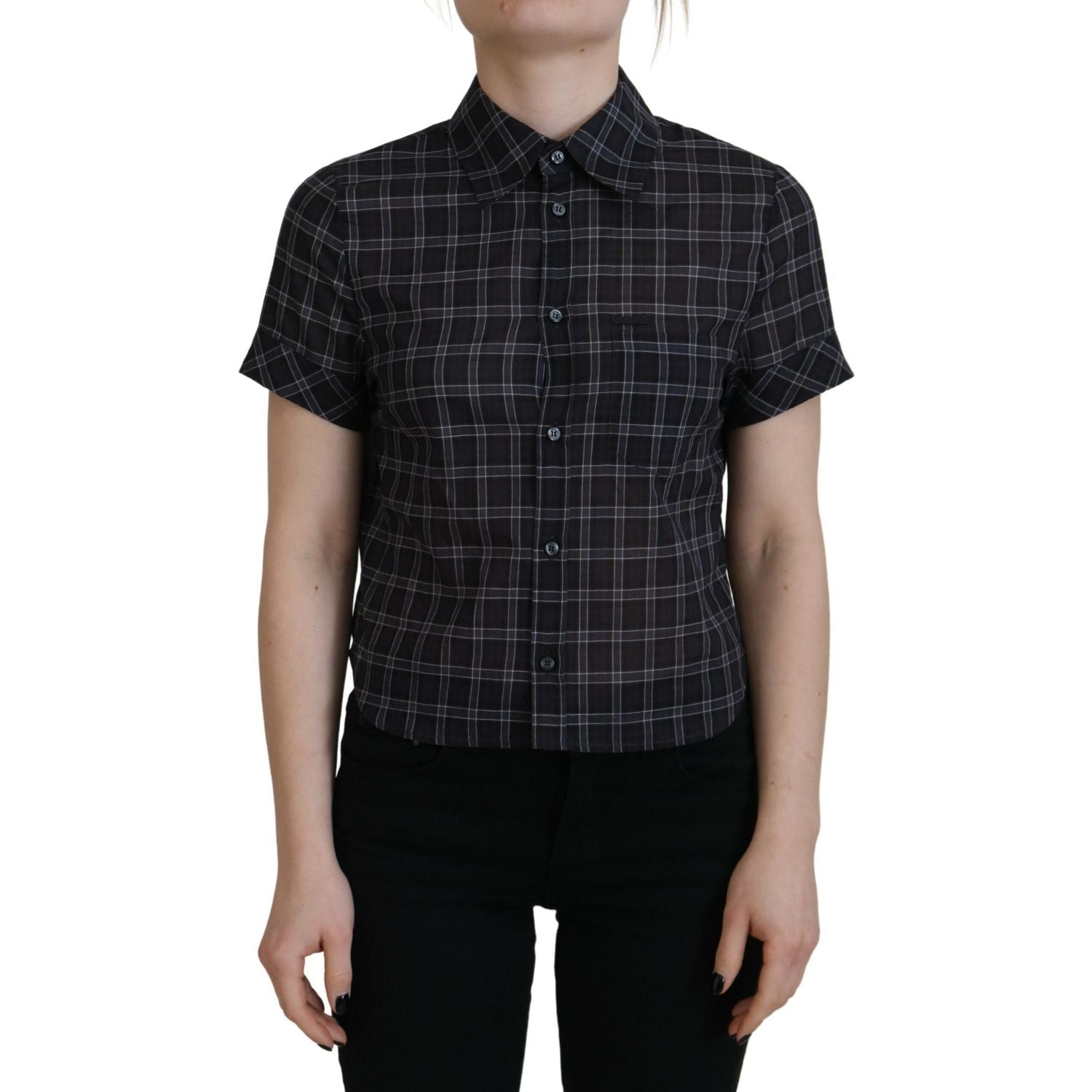 Dsquared² Black Checkered Collared Button Short Sleeves Top