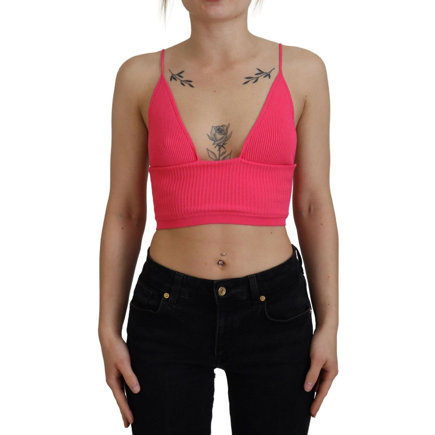 Dsquared² Pink Ribbed Knit Bra Cropped Spaghetti Strap Top