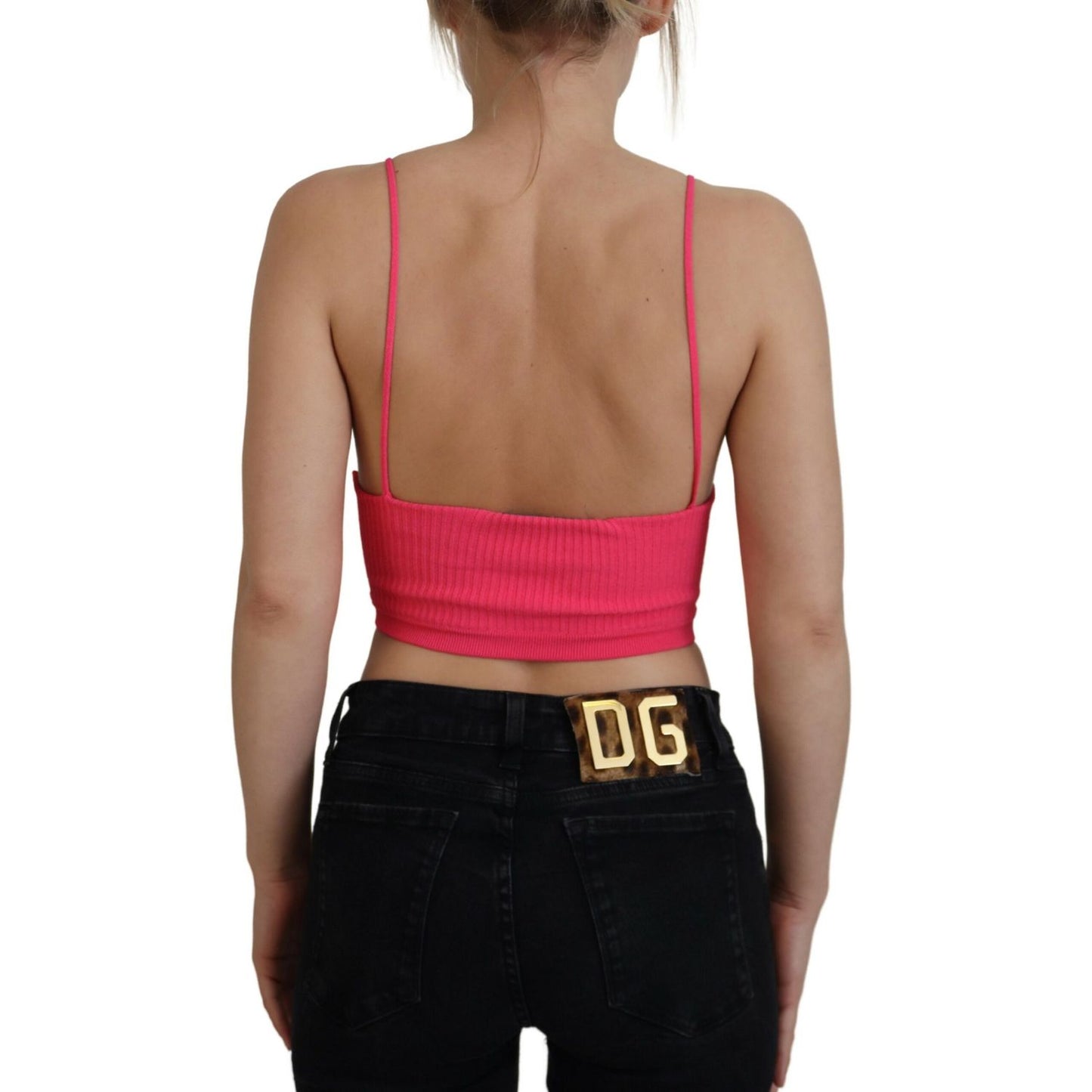Dsquared² Pink Ribbed Knit Bra Cropped Spaghetti Strap Top