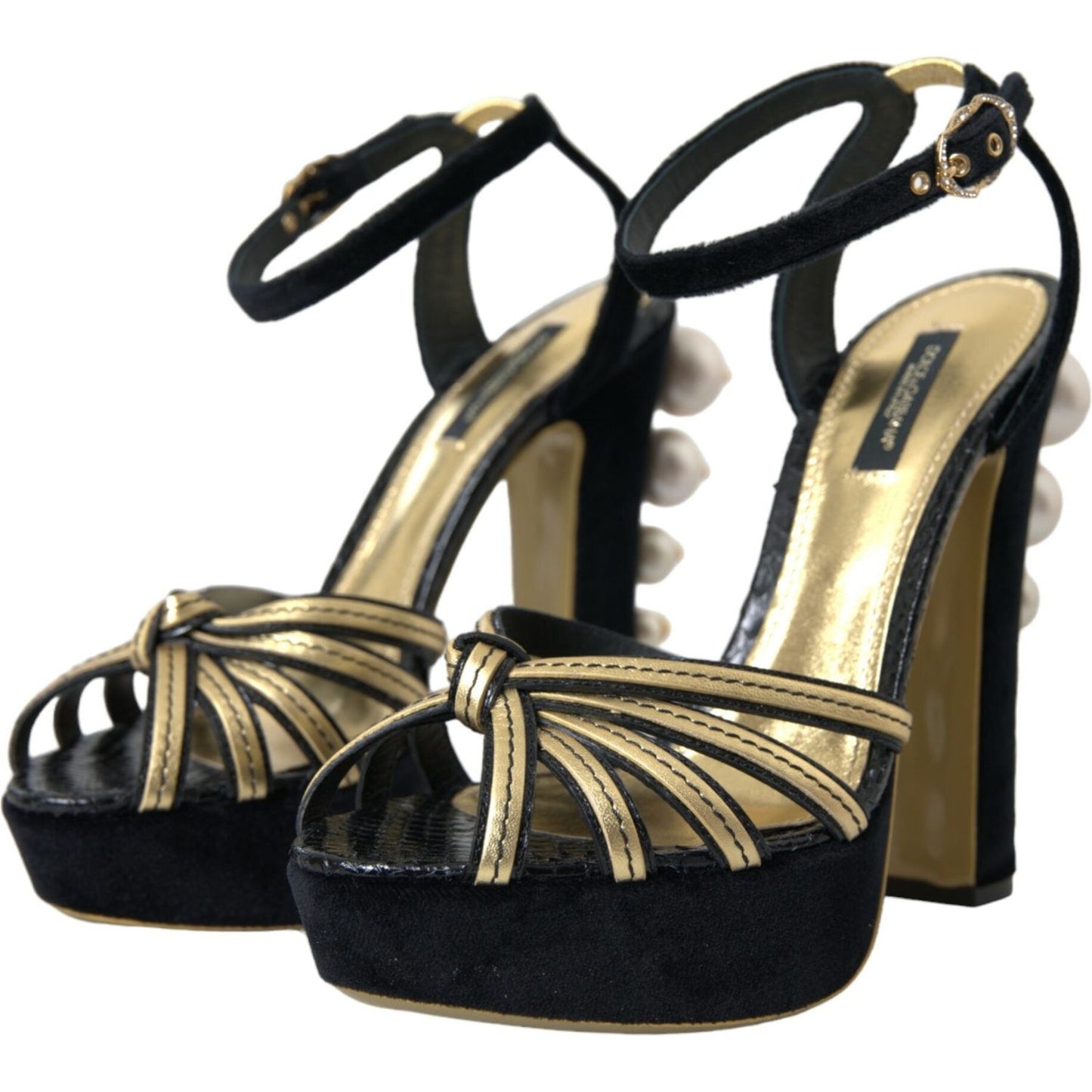 Dolce & Gabbana Black Gold Embellished Heels Sandals Shoes Dolce & Gabbana