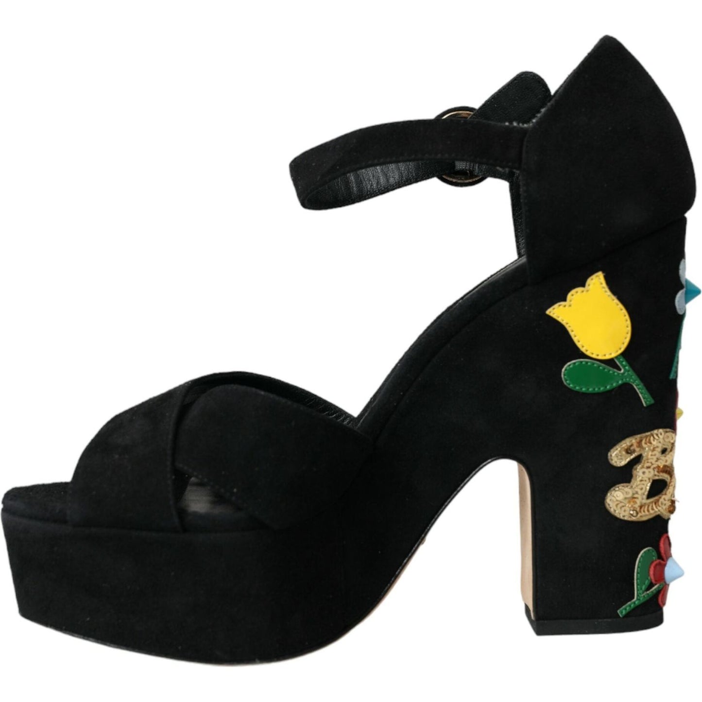 Dolce & Gabbana Black Floral Ankle Strap Heels Sandals Shoes Dolce & Gabbana