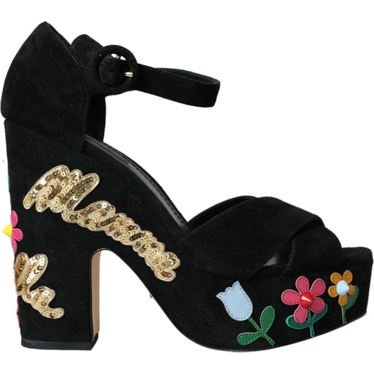 Dolce & Gabbana Black Floral Ankle Strap Heels Sandals Shoes Dolce & Gabbana