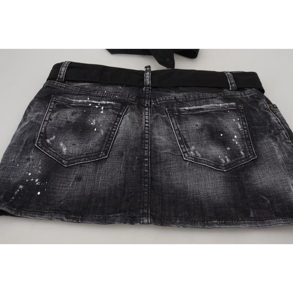 Dsquared² Black Distressed Mid Waist A-line Denim Mini Skirt Dsquared²