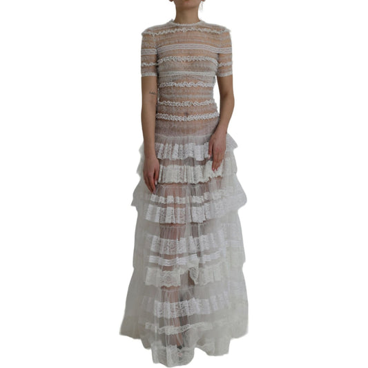 Dolce & Gabbana White Nylon Sheer Tiered Lace Maxi Dress Dolce & Gabbana